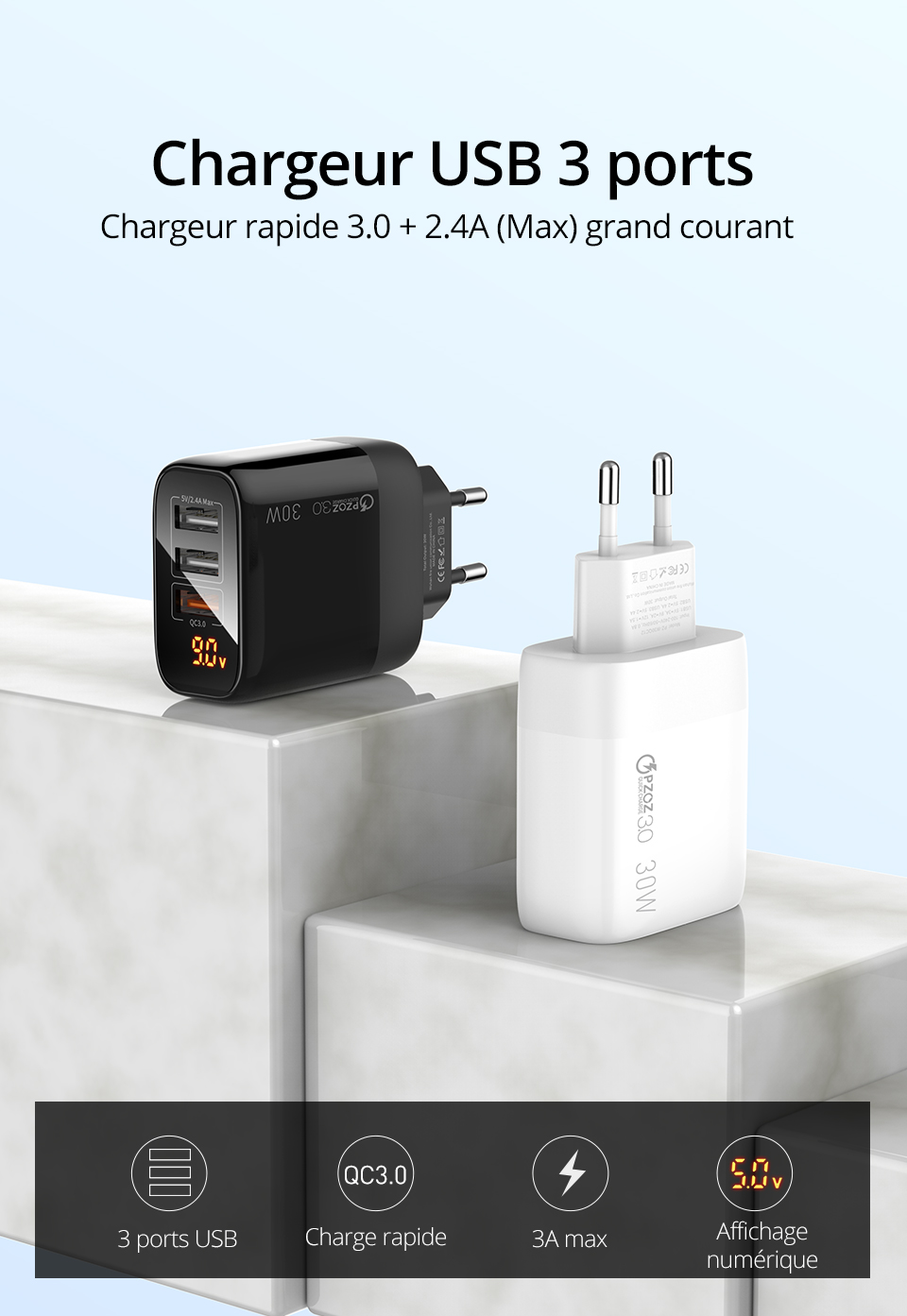 Chargeur USB PZOZ 30W Charge rapide 18W Charge rapide 3.0 affichage LED adaptateur mural pour iphone 11 Samsung A50 xiaomi redmi note8