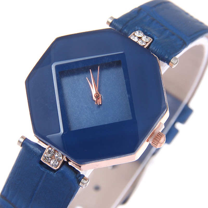 Montres cristal minimaliste coupe géométrique avec bracelet cuir