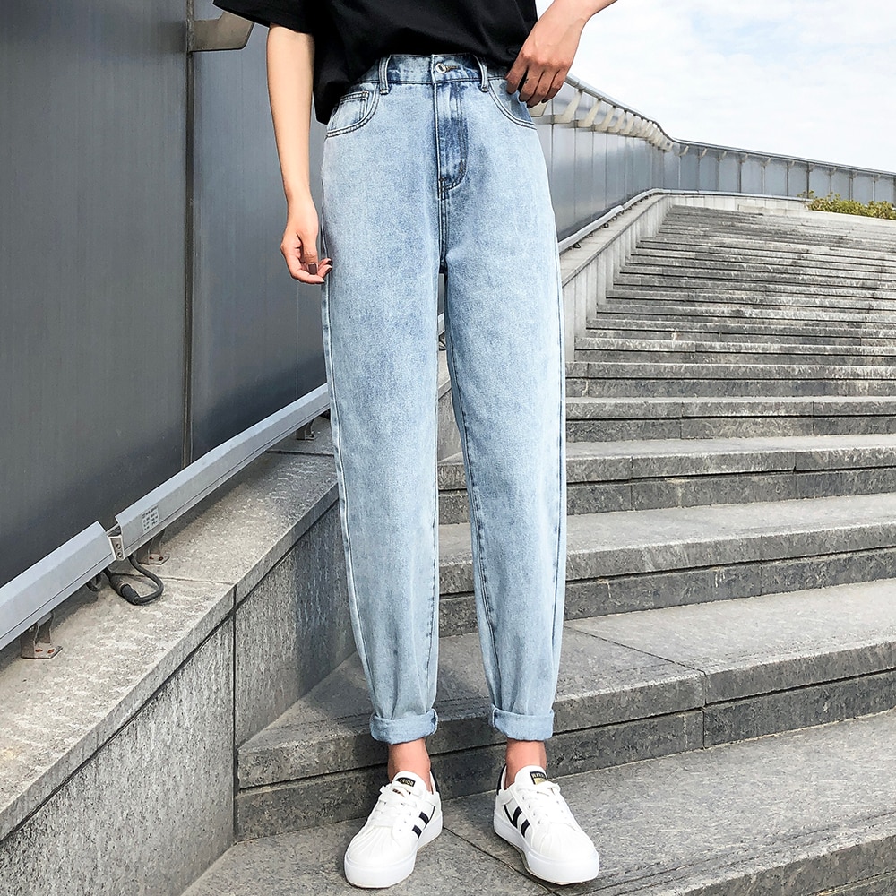 Jean Femme Taille Haute élastique – Coupe Droite Baggy, Confort Yoga, Tissu Stretch, Avec Ceinture